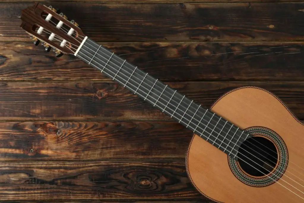 string classic guitar on wooden background