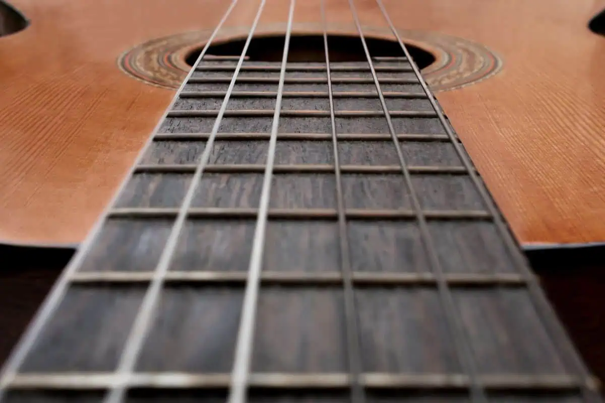 Major scale guitar fretboard close-up with strings and frets