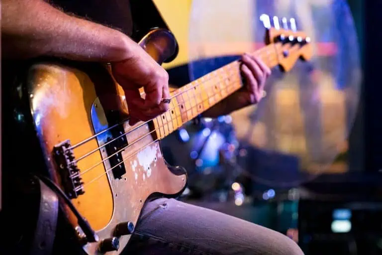 Worship bass guitar played live on a church stage